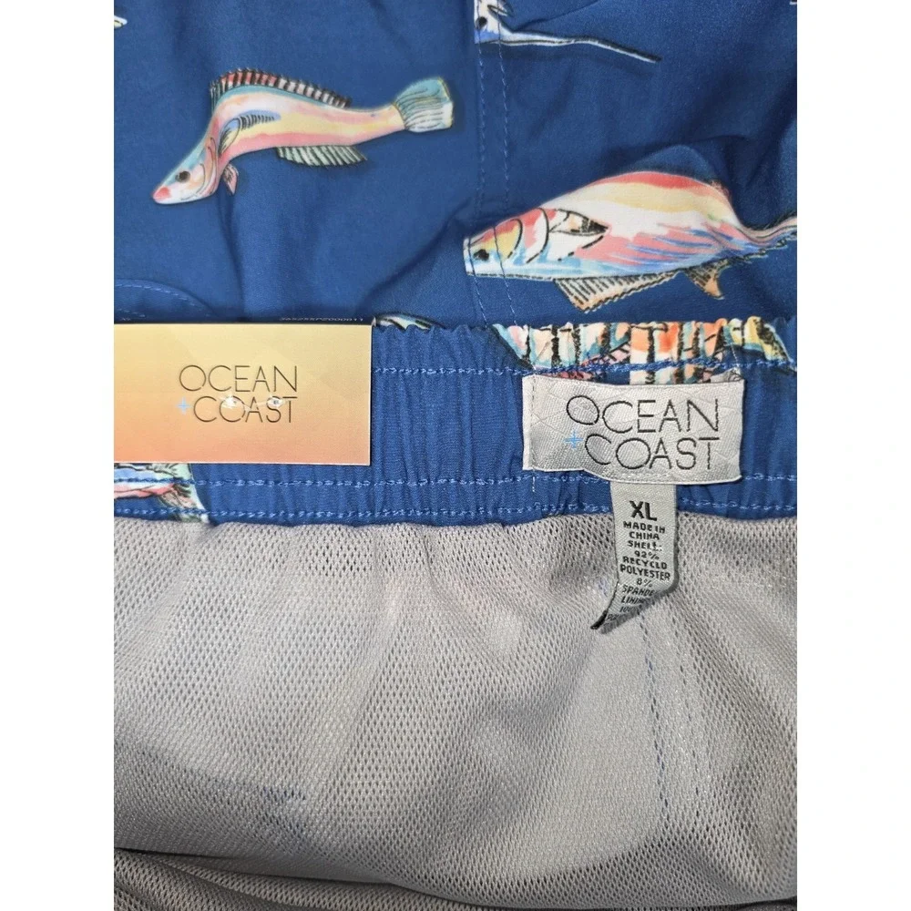Mens Ocean Coast Lined Swim Shorts Blue Rainbow Fish New Sz XL Coastal Beach